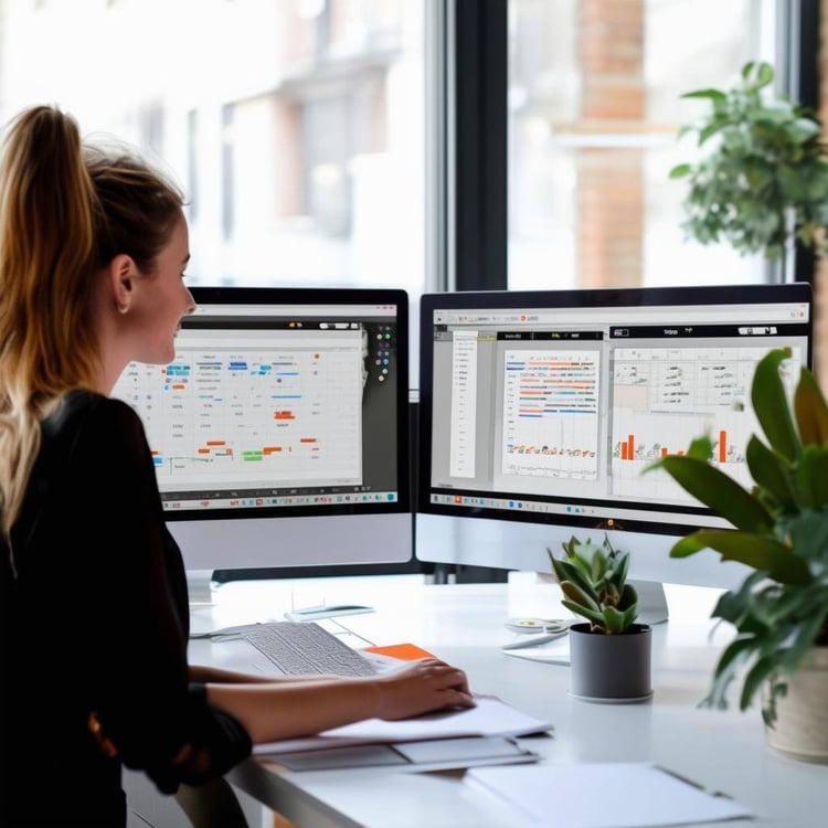 Woman creating a HubSpot workflow on dual monitor