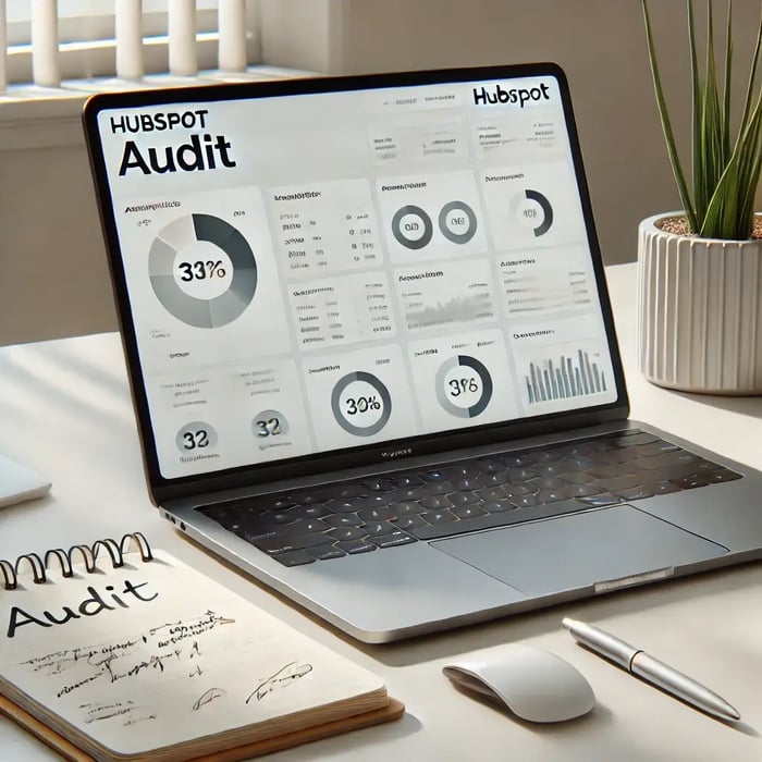 DALL·E 2024-10-09 18.45.50 - A clean and minimal HubSpot audit scene. The image shows a modern office desk with a laptop open to a HubSpot dashboard displaying analytics and audit DALL·E 2024-10-09 18.45.50 - A clean and minimal HubSpot audit scene. The image shows a modern office desk with a laptop open to a HubSpot dashboard displaying analytics and audit