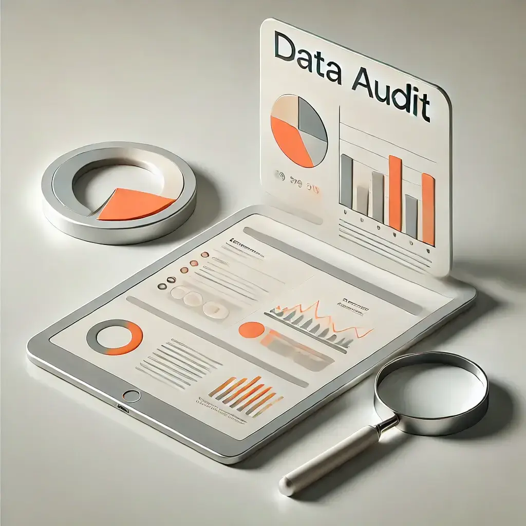 DALL·E 2024-10-09 19.10.46 - A minimal and clean design for HubSpot Data Audit. The image features a simple computer screen or tablet displaying graphs and charts in a minimalis